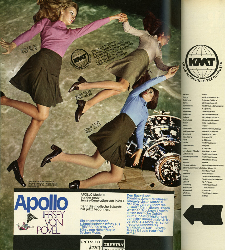 Povel-Werbeanzeigen für die Apollo-Kollektion. Veröffentlicht im September 1969 in den Frauen- und Modezeitschriften „Petra“ und „Für Sie“. Die Fotografien für die Werbekampagne liefert der Düsseldorfer Modefotograf Werner Scholten.